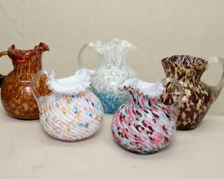 More vintage and antique art glass pitchers including two Adventurine (gold flecked) marbled pattern glass