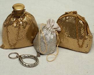 Three vintage Whiting and Davis metallic mesh handbags and a Whiting and Davis silver metallic loop keychain.