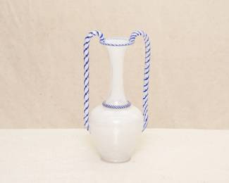19th century St. Louis Crystal Latticino Ewer vase, hand blown 19th. c. French crystal amphora shape vase with internal latticino decoration and applied torsade rim on the neck