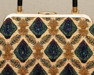 Closeup of the beadwork on the vintage 1970s Elsie Tu Hong Kong beaded tapestry handbag, lined, internal dual slip pockets, frame with clasp closure