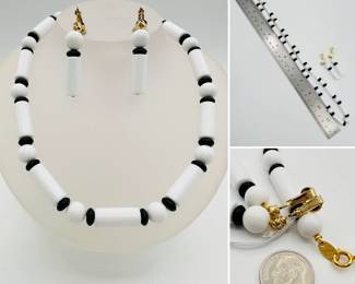 Crown Trifari black and white bead necklace and earrings set