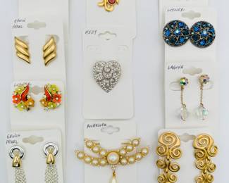 Earrings and brooches by Anne Klein, Erwin Pearl, Carol Dauplaise, Hedy, Richelieu, Lisner, and Laguna