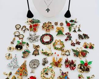 It's Christmas in July! Earrings, necklaces, brooches and pins to add sparkle to your style come the holidays.