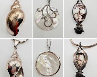 A sterling silver shell pendant necklace, a sterling silver and mother of pearl pendant necklace, and a sterling silver necklace with silver framed natural agate stone and cabochon onyx.