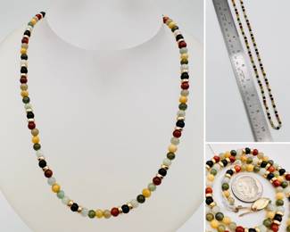 Polished round natural stones beaded necklace with 14k gold clasp