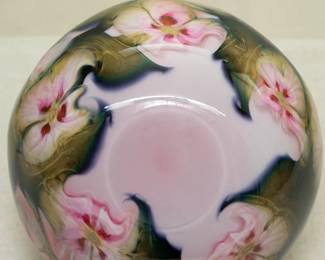 Closeup of art glass vase by the late glass artist Charles Lotton, cased glass, Multi Flora design, signed and dated 1988.