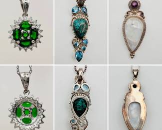 A Ross-Simons sterling silver, chrome diopside and white topaz pendant necklace, a sterling silver pendant necklace with blue topaz and natural stone, and a moonstone and sterling silver pendant necklace