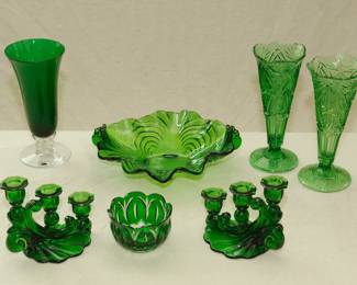 American Art Glass: A pair of vintage Cambridge Caprice Emerald Green No. 1338 three-light candlesticks and Cambridge Caprice Emerald Green oval 4-toed handled bowl – they were produced from 1933-56. Also shown: A vintage early 1940's Fostoria No. 2470 Empire Green clear footed vase designed by George Sakier, an emerald green & clear art glass rose bowl with scalloped "petal" edges, and a pair of green glass vases