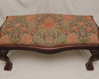Another look at the vintage Georgian style carved wood and needlepoint covered two-seater bench, with cabriole legs resting on ball and paw feet