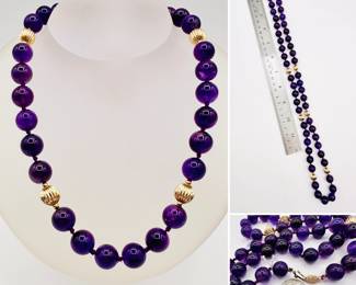 Beaded necklace with large round dark amethyst beads, gold spacer beads, and 14k gold clasp