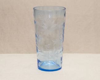 A vintage pale clear blue glass vase or tumbler with engraved floral design. Possibly MCM Libbey?