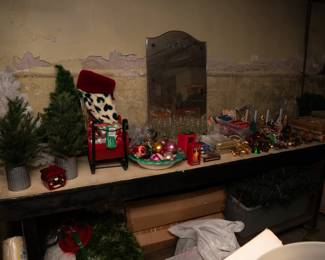 Holiday decorated glassware, table top Christmas trees, glass icicle ornaments, candles, candy cane and Christmas decorated serving bowls, tree stands, boxes of holiday stuff!