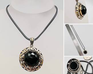 14K gold and sterling silver faceted black onyx pendant vintage necklace