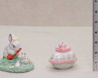 An Irish Dresden porcelain rabbit family figurine, and am Irish Dresden hand painted porcelain egg shaped trinket dish with rabbit on top