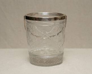 Another view of the antique American brilliant-cut and etched glass & silver plated handle ice bucket with strainer insert