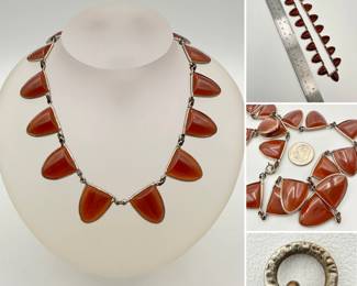 Gorgeous Art Deco style sterling silver and carnelian triangular cabochons necklace