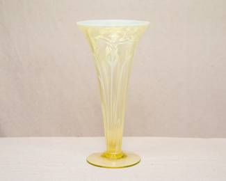 A beautiful opalescent vaseline glass / uranium glass pulled iris decoration vase, late 19th century, English (likely either James Powell & Sons or J. Walsh Walsh)