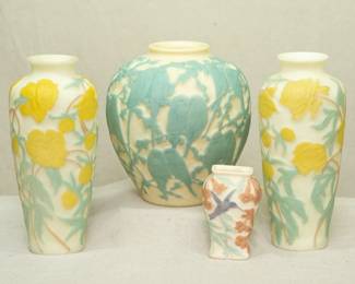 Vintage Phoenix / Consolidated art glass, satin custard uranium glass, including a pair of yellow chrysanthemum vases, a blue lovebirds or parakeets design ginger jar shape vase, and a smaller hummingbird design vase.