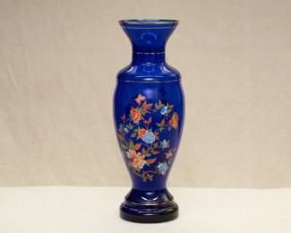Vintage cobalt blue art glass vase with enameled decoration of butterflies and tree peony with gilt bands at rim, neck, shoulder and foot.