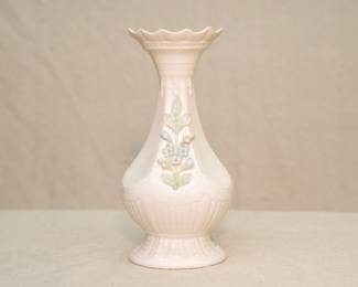 Vintage Belleek Ireland tower vase, applied Forget-Me-Not blossoms