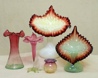 An early art glass vase, Rubina Verde uranium glass possible Hobbs Brockunier; antique cranberry glass vase with pulled petals flared at the rim and applied light green uranium glass foot; two 19th century opalescent and custard cased uranium glass Jack in the Pulpit art glass vases with double crimped ruffled rims