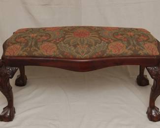 Vintage Georgian style carved wood and needlepoint covered two-seater bench, with cabriole legs resting on ball and paw feet