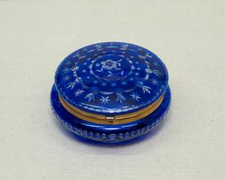 Vintage Bohemian art glass round box with hinged lid, cut cobalt blue to clear glass in a stars and fruit decoration