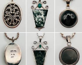 A vintage Lois Hill sterling silver granulated Bali scroll pendant necklace, a sterling silver and moss agate pendant necklace, and a vintage cabochon black stone pendant necklace