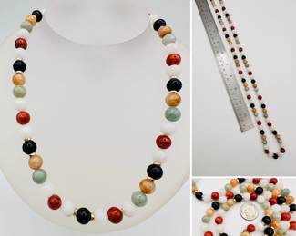 Beaded necklace with multicolor natural hard stone and gold clasp