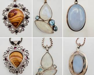 A sterling silver agate and garnet cabochon pendant necklace, a sterling silver necklace with moonstone and topaz pendant, and a sterling silver with oval moonstone pendant necklace