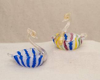 A pair of vintage Murano Italian Latticino Ribbon art glass swan dish/bowls