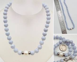 Blue agate and pearl beaded necklace with sterling silver clasp