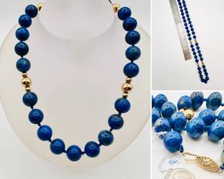 Polished blue natural stone beaded necklace with 14k gold clasp