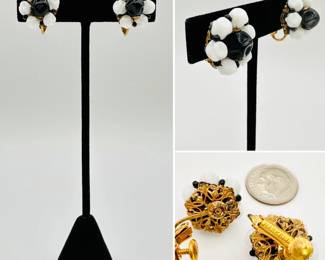 Pair of signed Miriam Haskell black and white bead clip earrings