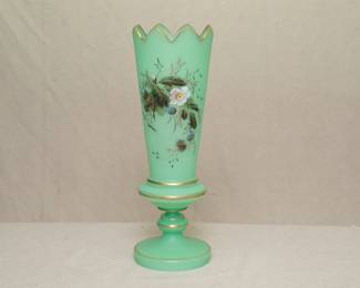 Vintage green opaline art glass vase, uranium glass, possibly French; hand painted with floral sprays and gilding, and hand painted "8300" on the base.