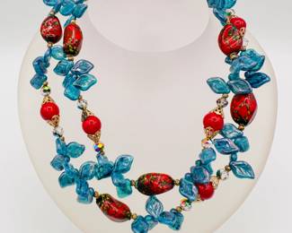 A fun double strand chunky blue and red glass bead necklace
