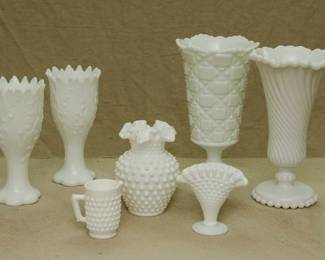 American Art Glass: A pair of 1940s/50s Westmoreland white milk glass Lily of the Valley footed vases, a 1950s Westmoreland milk glass Old Quilt pattern case, a vintage Westmoreland milk glass Ball & Swirl vase, a vintage milk glass hobnail cream pitcher, a vintage Fenton hobnail milk glass double crimped vase, and a Fenton Art Glass Company hobnail milk glass ruffled edge fan vase (numbered 3953 MI in their 1958 General Catalog.)