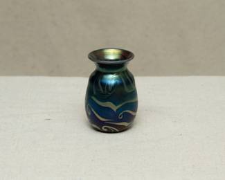 Original blown art glass vase, deep blue with green and gold swirls; signed and dated John Lotton 1989.