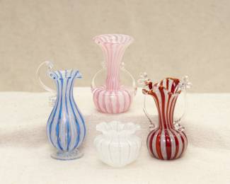 Vintage handblown Venetian Murano art glass vases in various colors of Latticino Ribbon glass