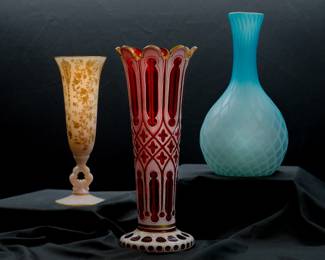 A vintage Cambridge Glass Rose Point Crown Tuscan vase, a truly stunning Bohemian gold gilt white red cut crystal glass vase, and a late 19th century quilted diamond pattern MOP blue satin glass vase, probably Pairpoint/Mt. Washington Glass Co)