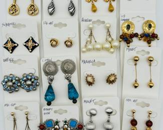 Fabulous costume jewelry earrings from Erwin Pearl, Napier, Weiss, Robert Rose, C. Stein, Liz Claiborne, Richelieu, Marvella, Monet — some 12k gold filled and 14k gold filled