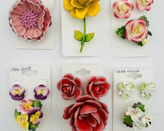 Beautiful vintage 1950's era hand-painted floral earrings and brooch sets from Cara China in Staffordshire, England