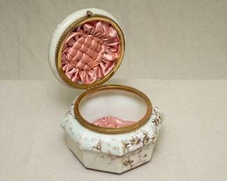 Open view of large 1894 sample Wavecrest glass dresser box, collars and cuffs box, 7-1/2 inches wide; octagonal form with hinged round lid, hand painted with floral sprays. Quilted pink satin padding inside, and painted on the inside with "Sample," decoration name and mould number with "1894"