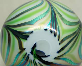 Another view of the Charles Lotton art glass vase, pulled drape design, signed and dated 1989.