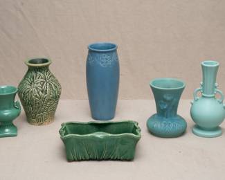American Art Pottery! Vintage 1930s Haeger Pottery vase, antique Weller 'Marvo' pottery green glazed vase with raised palm frond design circa 1920s, a Rookwood art pottery vase #2479 with flower band below the rim, matte blue glaze, dated 1930; a Van Briggle Art Pottery "Ming Blue" Anemone vase, a vintage McCoy #610 rectangular planter, green glaze