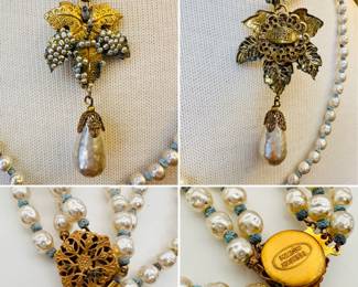 More views of the fabulous vintage Miriam Haskell necklace comprised of three different length strands of glass baroque pearl style beads spaced with blue beads, the middle strand with a grape leaves and grapes pendant that suspends one large glass baroque pearl bead. Needs some restoration.