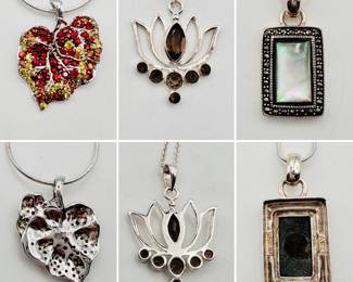 An EFFY sterling silver and rhinestone leaf form pendant on silver chain, the pendant stamped 925 and artisan's mark; a sterling silver pendant necklace in lotus flower form and smoky quartz stones, and a mother of pearl, marcasite and sterling silver pendant necklace