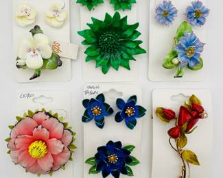Beautiful vintage 1950's era hand-painted floral earrings and brooch sets from Cara China in Staffordshire, England; colorful and detailed flower brooches from Coro and Crown Trifari