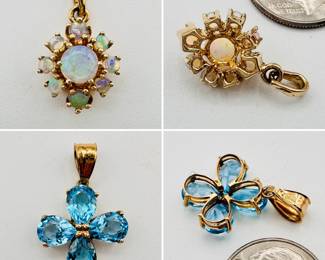 A 14K gold and opal pendant, flower form with a central round opal surrounded by eight smaller opals; and a 14K gold and pear-shaped blue topaz pendant