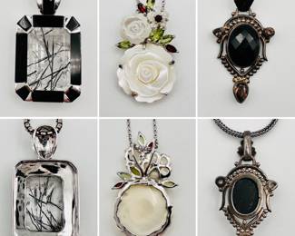A sterling silver art deco style framed rutilated quartz pendant necklace, a sterling silver necklace with carved floral form mother of pearl pendant accented with garnet and peridot, a faceted onyx and gemstone pendant necklace